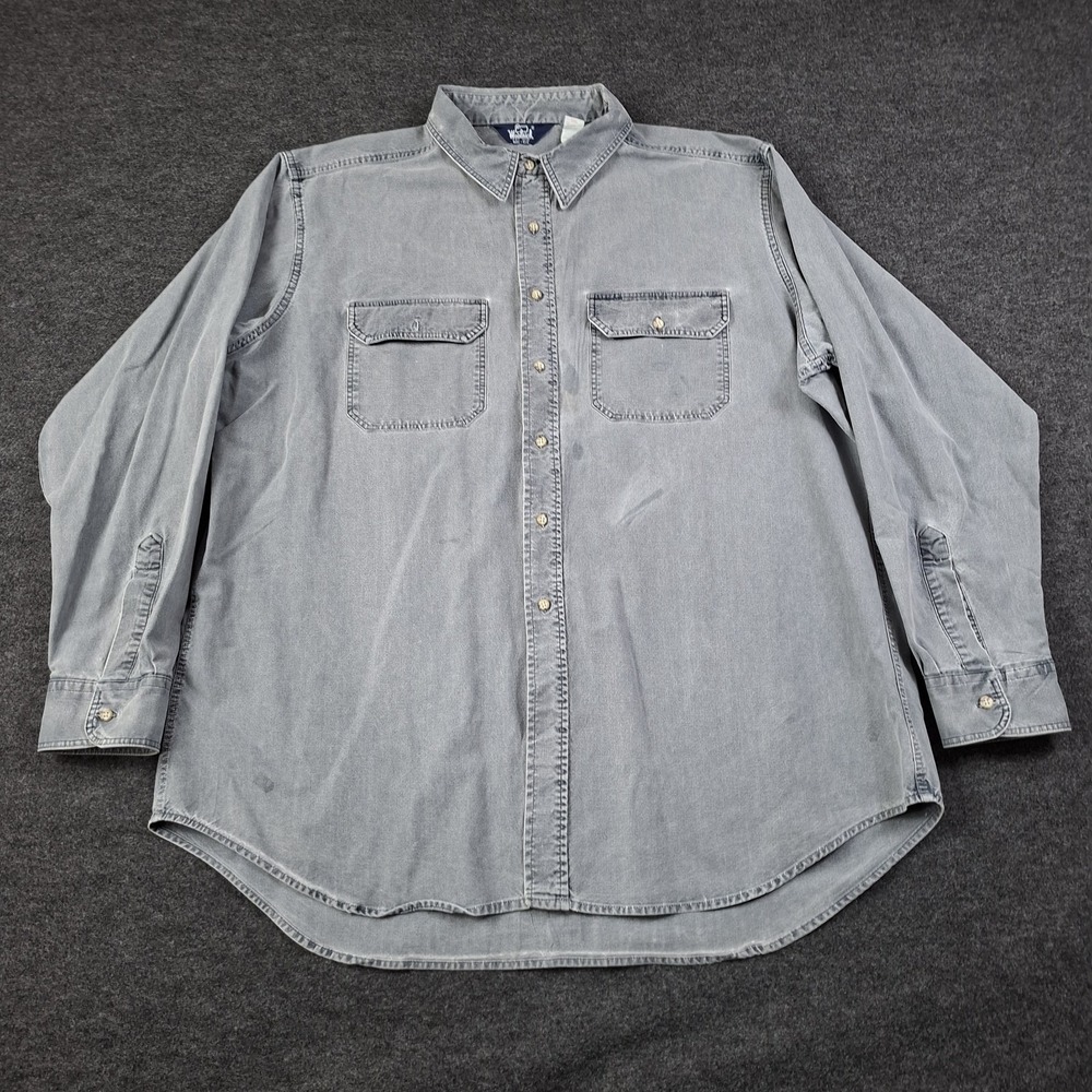 VINTAGE Woolrich Shirt Mens 2X Gray Denim Heavy Cotton Made in USA Faded Work